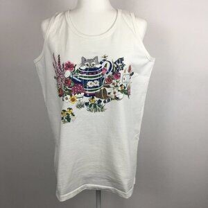 Vintage Easy Casual CAT PRINT White Tank Top XL
